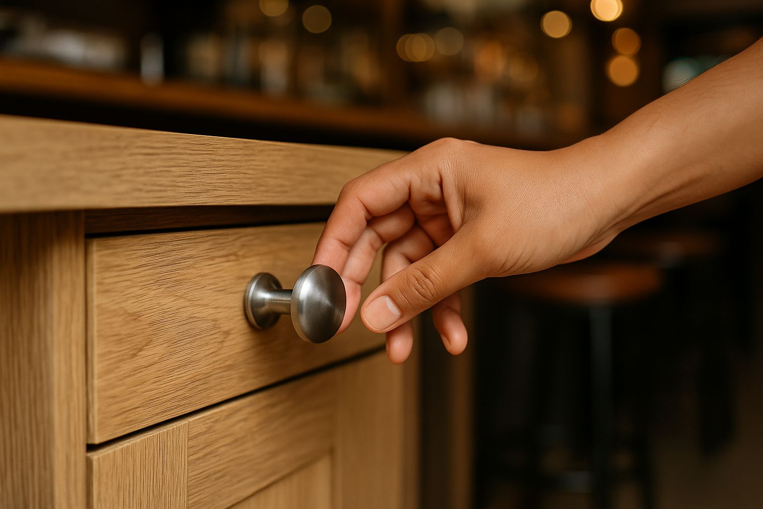 Close-up van een ladeknop in messing, minimalistisch en modern design