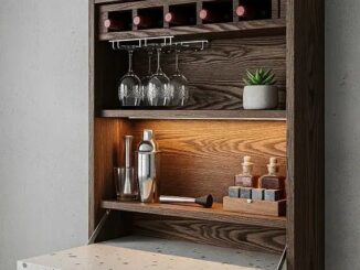 Compacte houten bar met glazen, flessen en uitklapbaar werkblad